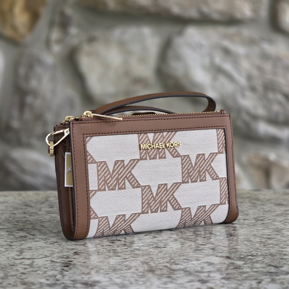 Michael Kors Jet Set Logo Double Zip Brown Wristlet